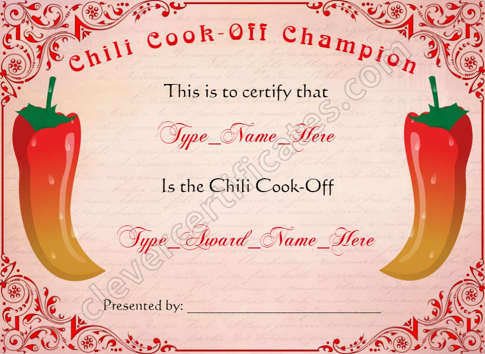 Chili Cook Off Champion Certificate