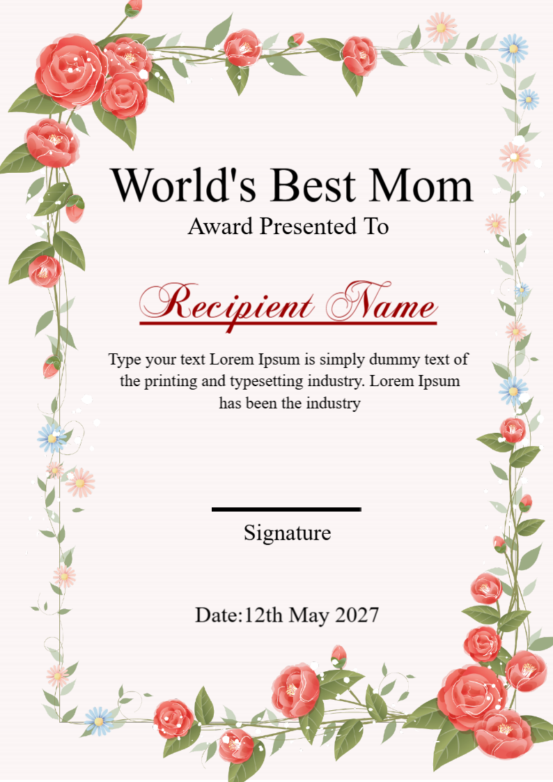 Editable Best Mom Certificate Design