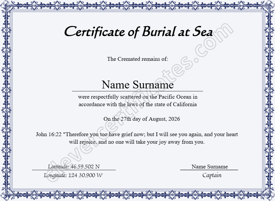 Editable Sea Scattering Certificate Of Burial Sea