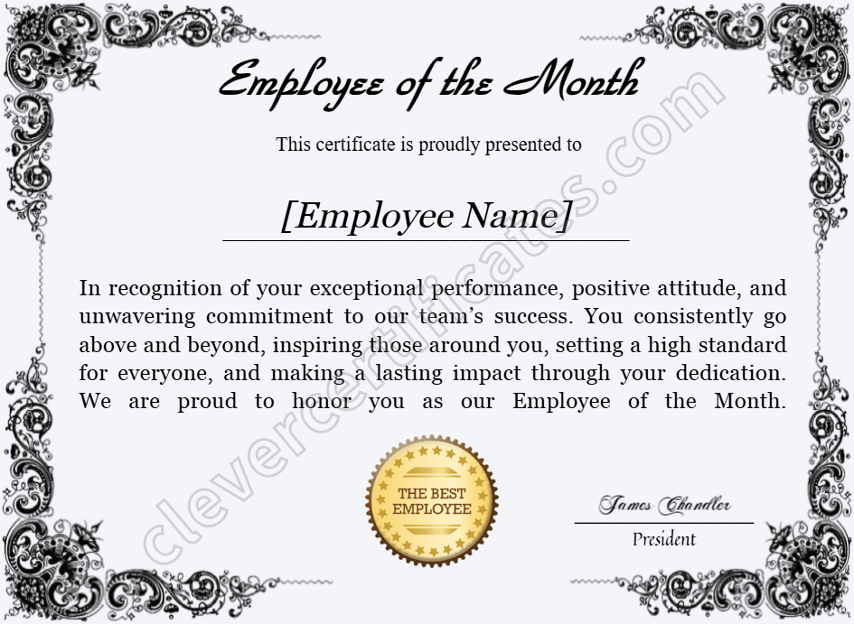 Printable Employee Of The Month Award Certificate