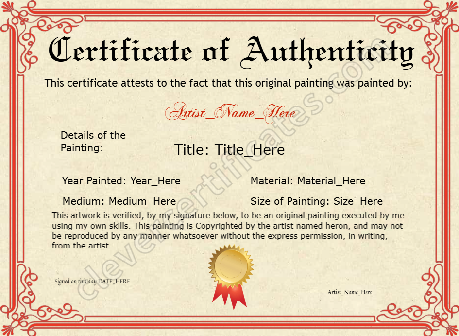 Printable Red Original Painting Certificate