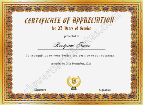Certificate Of Appreciation For 25 Years Of Service