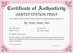 Customizeable Pink Certificate Of Authenticity