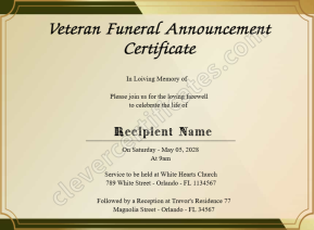 Editable Veteran Funeral Announcement Certificate