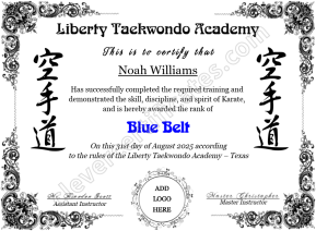 Karate Blue Belt Certificate with Logo – Editable Martial Arts Award
