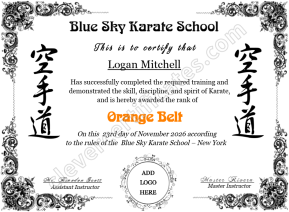 Karate Orange Belt Certificate with Logo – Editable Martial Arts Award