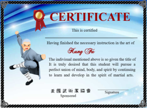 Modern Shaolin Kung Fu Certificate