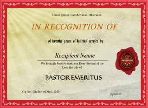 Pastor Emeritus Church Recognition Certificate